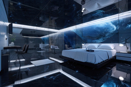 sleek, futuristic bedroom with transparent walls and floating furniture, showcasing the night sky, created with generative aiの素材