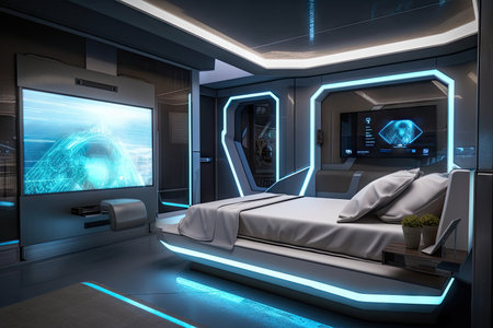 sleek and futuristic bedroom with touchscreens and holographic displays, created with generative aiの素材
