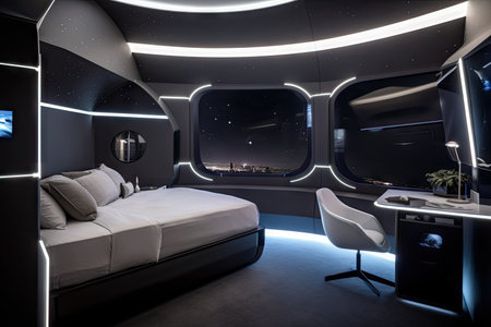 spaceship bedroom with futuristic console and starry night sky visible through the window, created with generative aiの素材