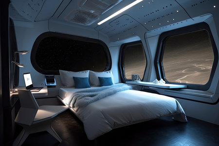 spaceship bedroom with futuristic console and starry night sky visible through the window, created with generative aiの素材