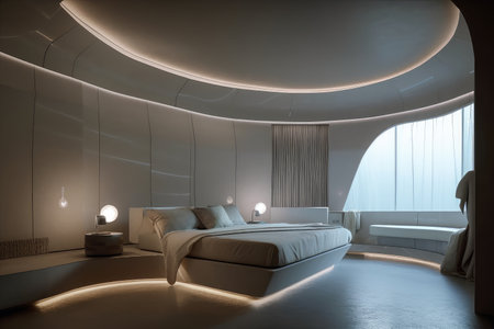 spacious bedroom, with curved walls and futuristic lighting, featuring view of the stars, created with generative aiの素材