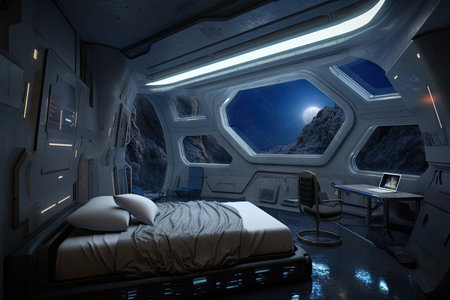 subterranean spaceship bedroom, with view of the stars and distant planets visible through the ceiling, created with generative aiの素材