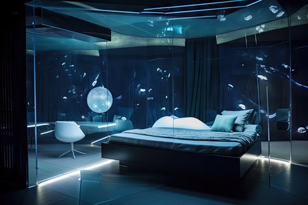 futuristic bedroom with translucent walls and floating bed in cosmic night sky, created with generative aiの素材