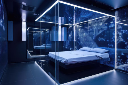 futuristic bedroom with translucent walls and floating bed in cosmic night sky, created with generative aiの素材