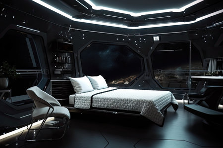 futuristic bedroom, with metallic accents and sleek finishes, featuring view of stars outside the window, created with generative aiの素材