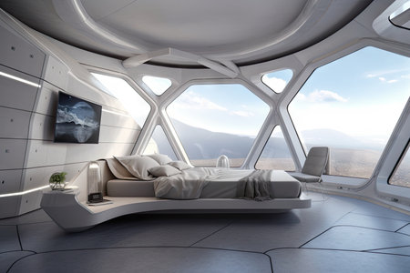 futuristic bedroom with floor-to-ceiling windows, showcasing mesmerizing view of the stars and planets, created with generative aiの素材
