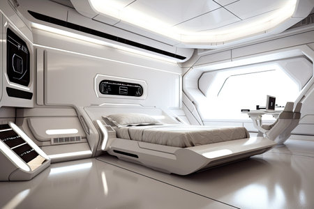 luxury bedroom with sleek lines and minimalistic design, resembling luxury spaceship, created with generative aiの素材