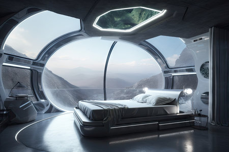 futuristic bedroom with transparent walls, showcasing the view of stars and galaxies beyond, created with generative aiの素材