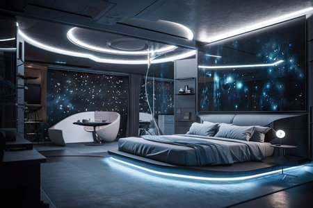 futuristic bedroom with transparent walls, showcasing the view of stars and galaxies beyond, created with generative aiの素材