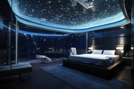 futuristic bedroom with glass ceiling, starry sky and floating furniture, created with generative aiの素材