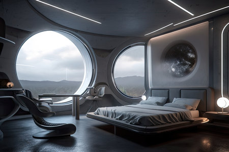 futuristic bedroom with transparent walls and view of planets and stars in the background, created with generative aiの素材