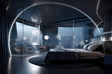futuristic bedroom with transparent walls and view of planets and stars in the background, created with generative aiの素材