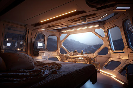 sci-fi bedroom, with view of distant star systems, and spacecraft ready for takeoff, created with generative aiの素材
