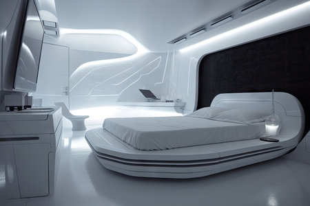 futuristic bedroom with sleek lines, floating furniture and futuristic decor, created with generative aiの素材