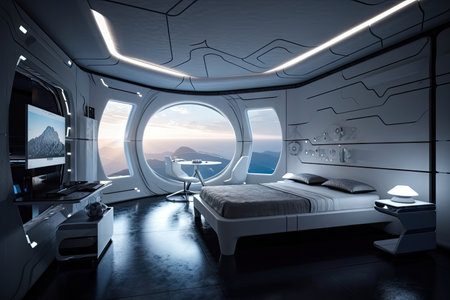 futuristic bedroom with stunning view of the stars and space by night, created with generative aiの素材