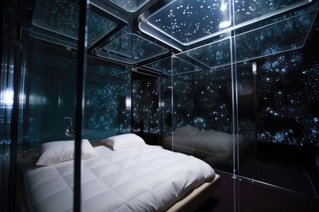 futuristic bedroom with transparent walls, stars visible in the background, created with generative aiの素材