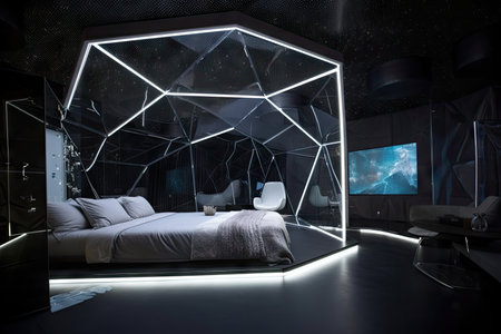 futuristic bedroom with transparent walls, stars visible in the background, created with generative aiの素材