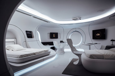 exploring the unknown with spaceship bedroom, featuring futuristic furnishings and accents, created with generative aiの素材
