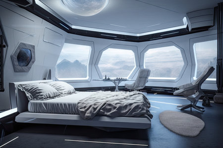 futuristic bedroom with floor-to-ceiling windows, offering breathtaking view of the stars and planets, created with generative aiの素材