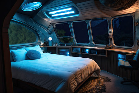 spaceship bedroom, with view of distant stars and galaxies, for a dreamy and magical sleep experience, created with generative aiの素材