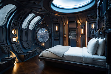 spaceship bedroom, with view of distant stars and galaxies, for a dreamy and magical sleep experience, created with generative aiの素材