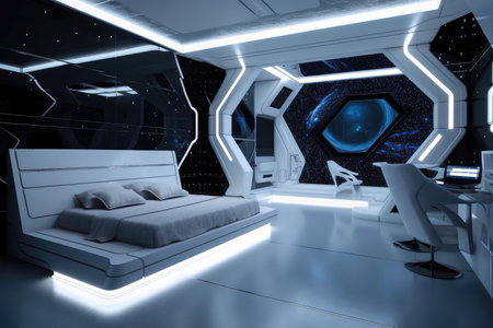 futuristic bedroom with sleek and futuristic furniture, floating on a starry background, created with generative aiの素材