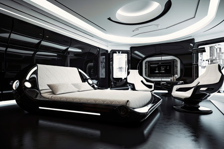 futuristic bedroom with black and white interiors, featuring sleek furniture and technology, created with generative aiの素材