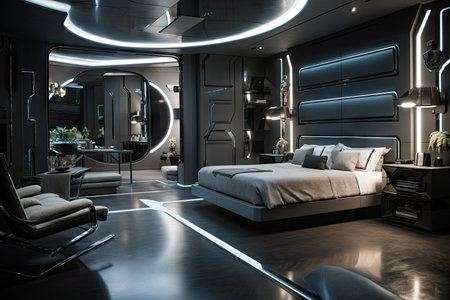 sleek and futuristic bedroom with sleek lines, metallic finishes, and advanced technology for a truly out-of-this-world experience, created with generative aiの素材