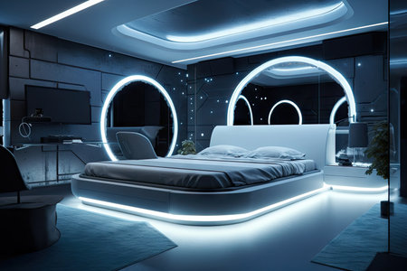 futuristic bedroom with floating lights and futuristic furniture, perfect for out-of-this-world dream, created with generative aiの素材