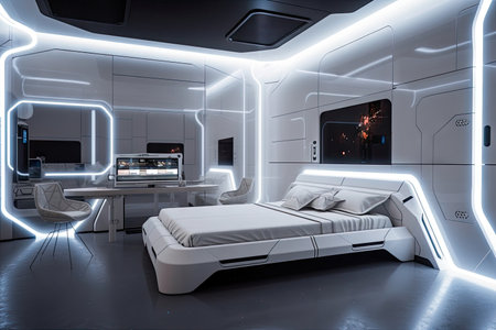 futuristic bedroom with floating lights and futuristic furniture, perfect for out-of-this-world dream, created with generative aiの素材