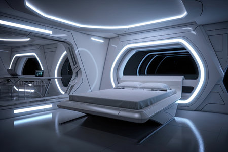 futuristic bedroom with sleek lines and metallic accents, featuring a sleek bed and futuristic lighting, created with generative aiの素材