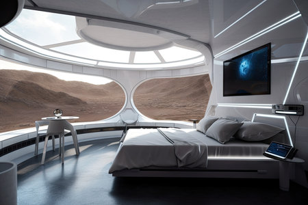 futuristic bedroom, with view of the stars and planets through the window, created with generative aiの素材
