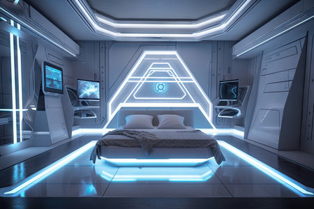 futuristic bedroom with sleek, minimalist design and holographic projections of starry sky, created with generative aiの素材