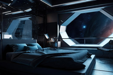 futuristic bedroom with view of outer space, stars shining through the window, created with generative aiの素材