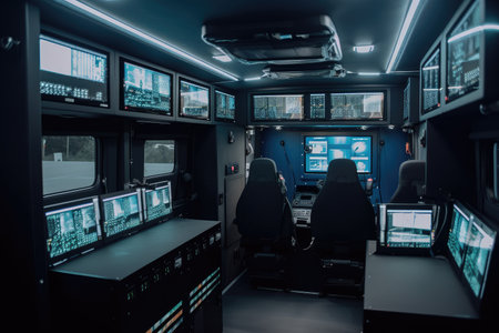 high-tech broadcasting van, with rows of led lights and touchscreens, created with generative aiの素材