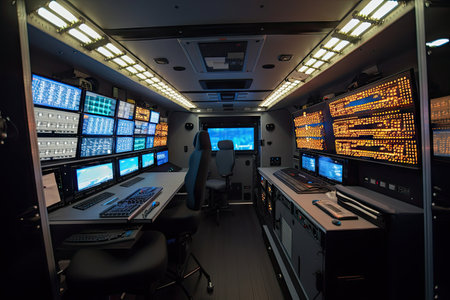 high-tech broadcasting van, with rows of led lights and touchscreens, created with generative aiの素材