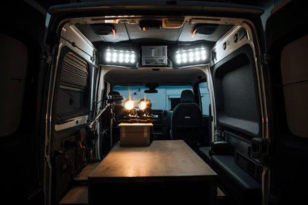 a van with a camera and lighting setup, ready to go live at any moment, created with generative aiの素材