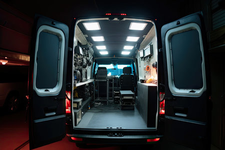 a van with a camera and lighting setup, ready to go live at any moment, created with generative aiの素材