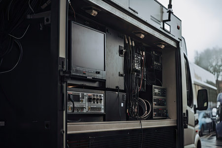 close-up of broadcast van, with microphone and cable visible, created with generative aiの素材