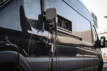 close-up of broadcast van, with microphone and cable visible, created with generative aiの素材