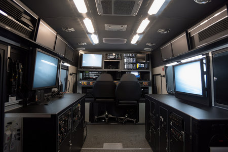 high-tech broadcasting van, with state-of-the-art equipment and technology, created with generative aiの素材