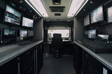 high-tech broadcasting van, with advanced technology and equipment for capturing high-quality video and audio, created with generative aiの素材
