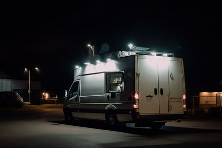 empty broadcasting van at night, with exterior lights on, created with generative aiの素材