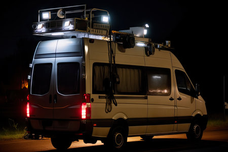 empty broadcasting van at night, with exterior lights on, created with generative aiの素材