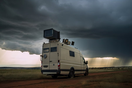 broadcasting van with dramatic stormy sky in the background, created with generative aiの素材