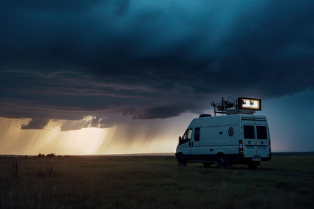 broadcasting van with dramatic stormy sky in the background, created with generative aiの素材