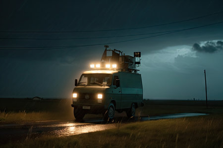 a broadcasting van in a storm, with lightning and thunderstorm raging, created with generative aiの素材