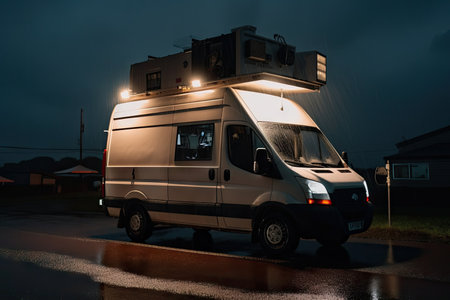 broadcast van during storm, with dramatic lightning flashes and raindrops visible on the window, created with generative aiの素材
