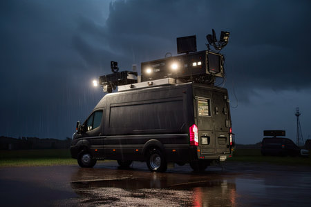 broadcast van during storm, with dramatic lightning flashes and raindrops visible on the window, created with generative aiの素材