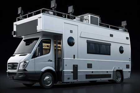 high-tech broadcasting van with sleek design and advanced technology, created with generative aiの素材